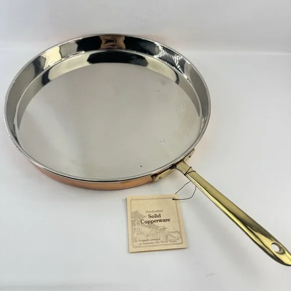 11" Hand Crafted Korea Solid Copper Skillet Nickel Lined Brass Handle Fry Pan - Picture 3 of 10